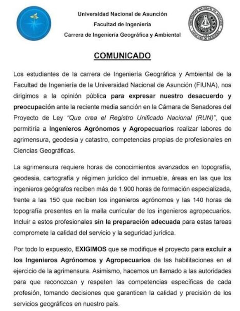 Comunicado de los estudiantes de la carrera de Ingeniería Geográfica y Ambiental, de la Facultad de Ingeniería de la Universidad Nacional de Asunción (FIUNA)