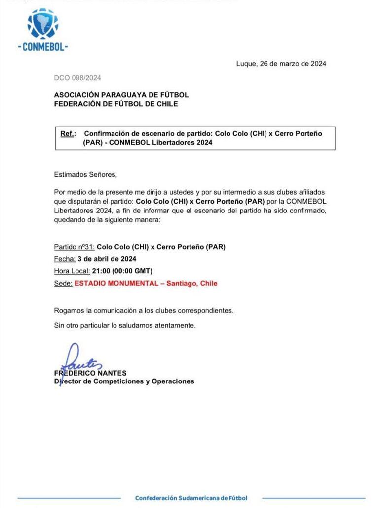 El comunicado sobre el estadio para Colo Colo vs. Cerro Porteño por la Copa Libertadores.