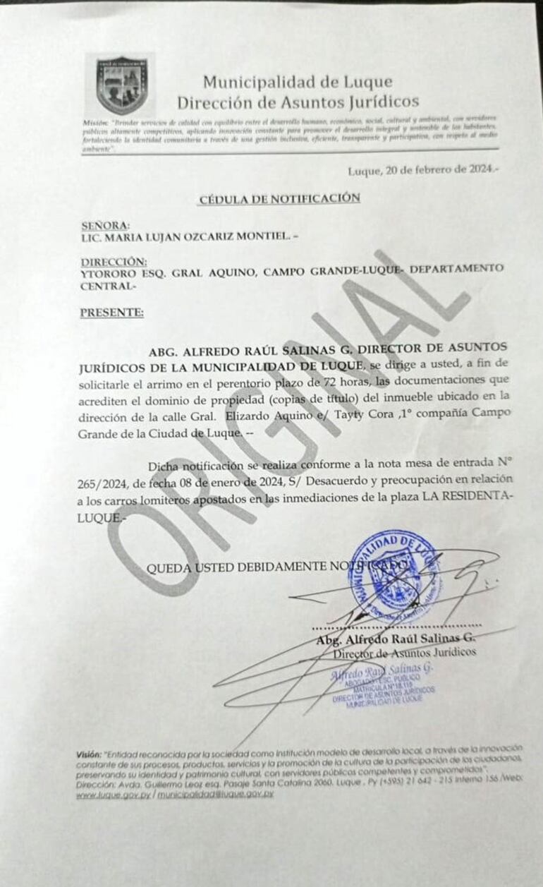 Cédula de notificación enviada a Luján Ozcariz en respuesta a su nota de denuncia contra los lomiteros.