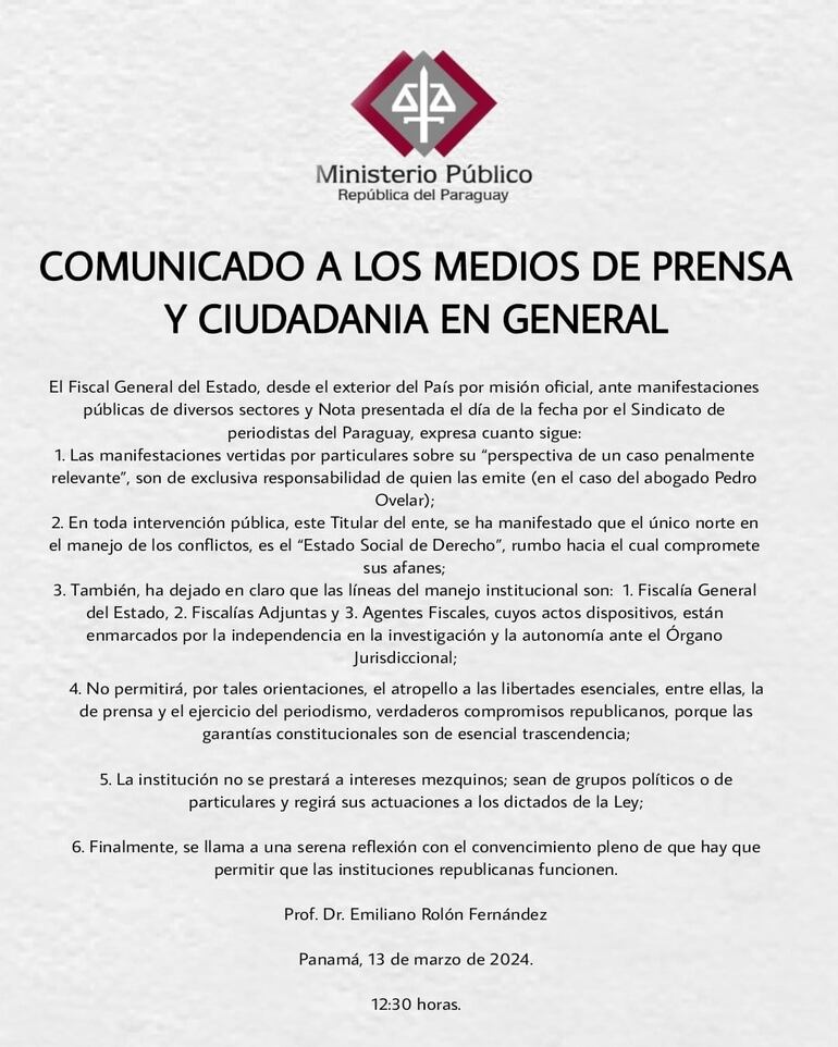 Comunicado a la opinión pública emitido por Emiliano Rolón, fiscal general del Estado.