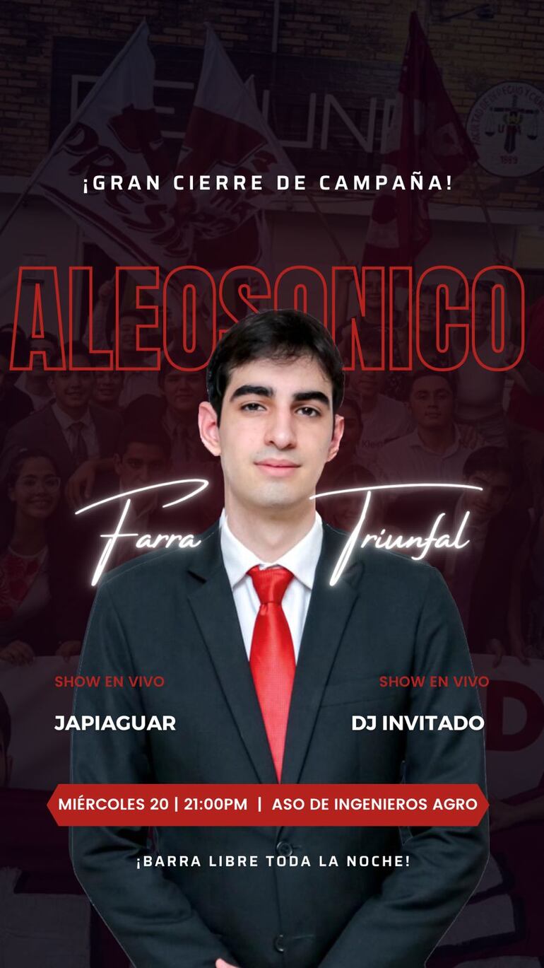 Afiche de la fiesta del cierre de campaña de Alejandro "Tratito" Ovelar.