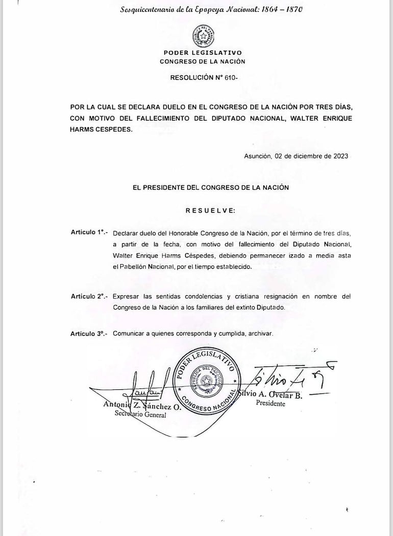 Decreto por el cual el Congreso Nacional declara duelo por la muerte de Walter Harms.