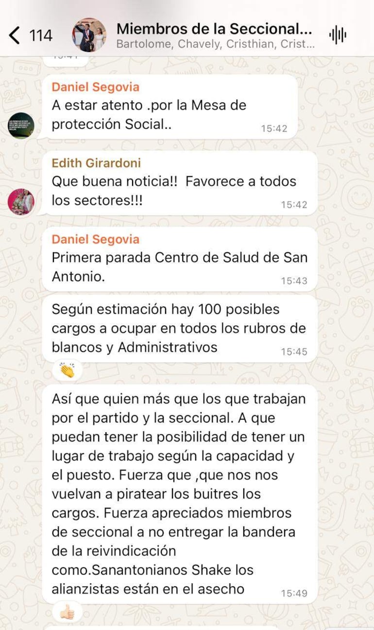 Mensajes del seccionalero, Daniel Segovia, en el grupo de la seccional, aclara las intenciones que tienen de dominar el centro de salud local.