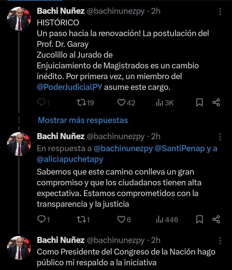 Tuit del senador y presidente del Senado, Basilio "Bachi" Núñez.