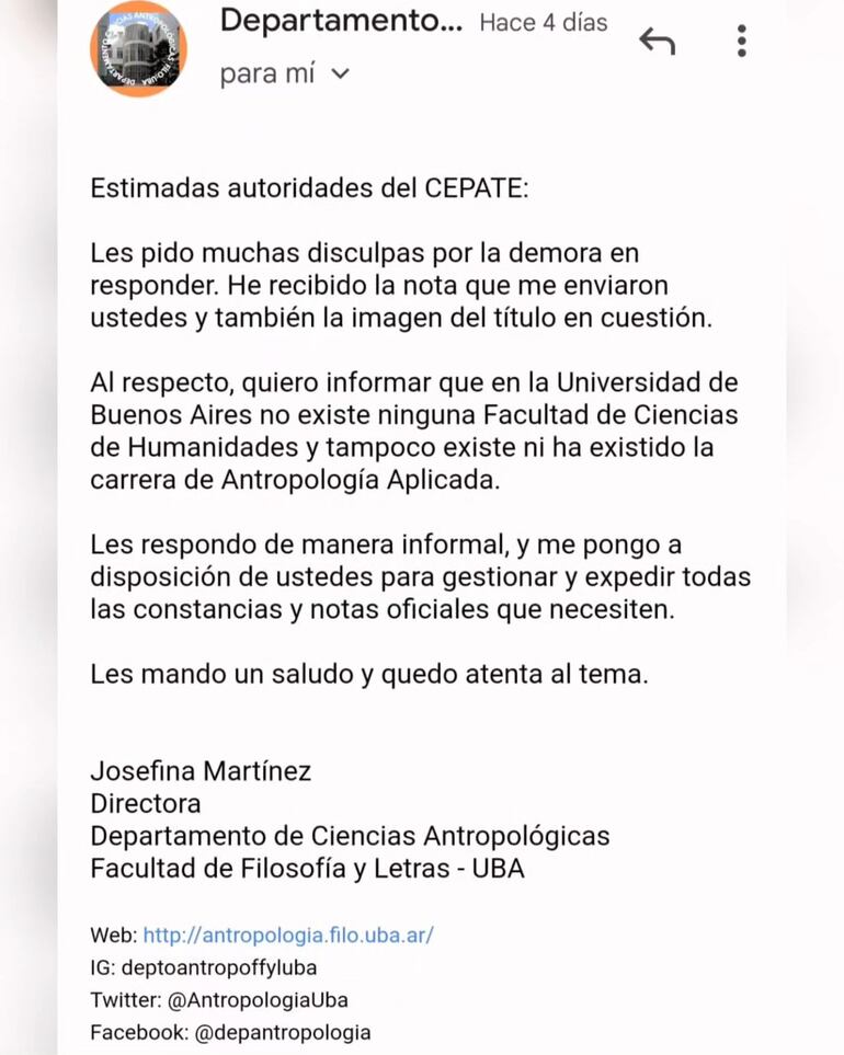 Correo enviado por alta autoridad de la Universidad de Buenos Aires (UBA)