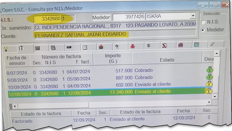 Captura del registro interno de  facturación para el legislador cartista  e integrante de la CBI que investiga el lavado.