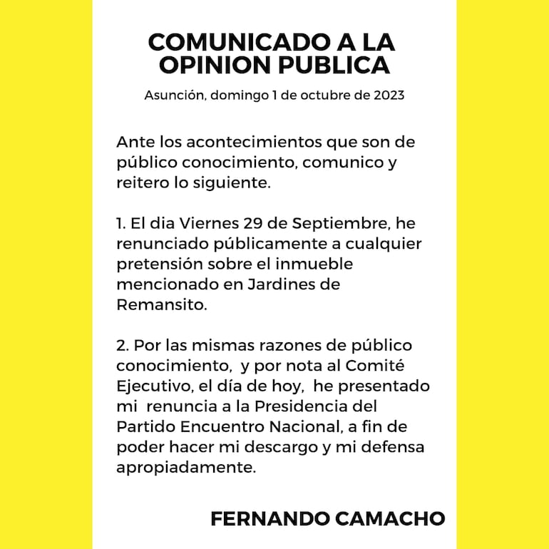 Comunicado de Fernando Camacho en el que anuncia su renuncia a la presidencia del PEN.