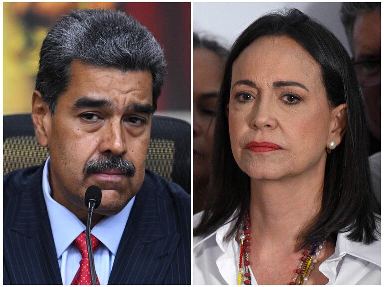 El presidente de Venezuela, Nicolás Maduro (i) y la líder opositora María Corina Machado.