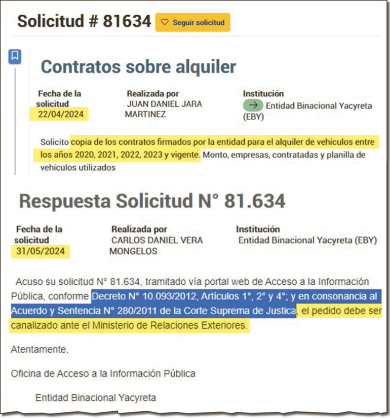 Pedido de información pública  presentado el 22 de abril de 2024 a la binacional. Su respuesta llegó más de un mes después y fue una evasiva olímpica.