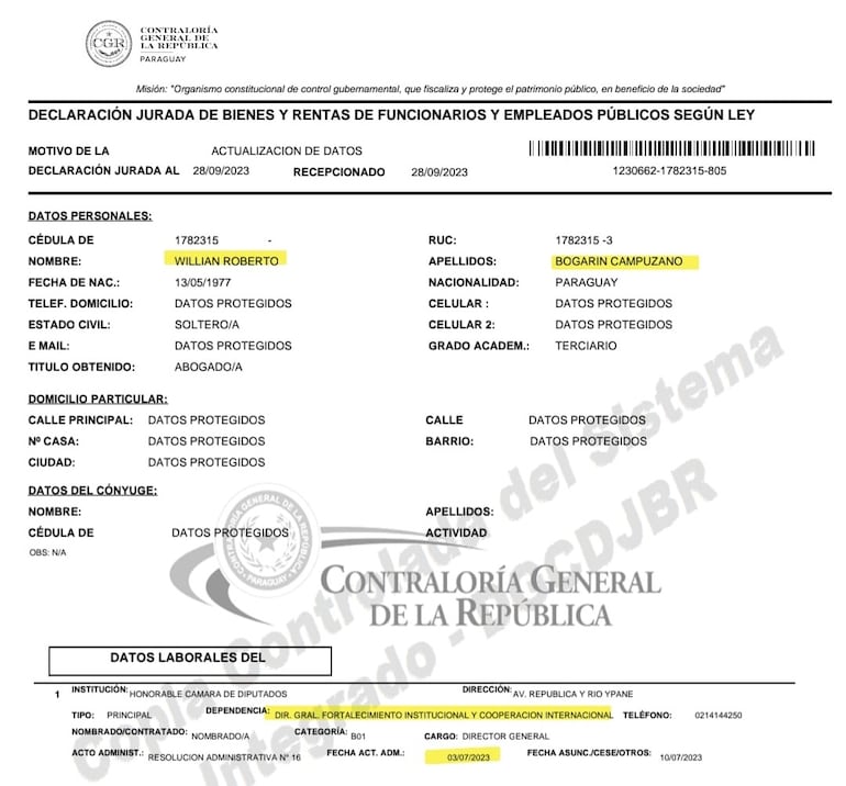 Declaración Jurada de Willian Bogarín Campuzano.