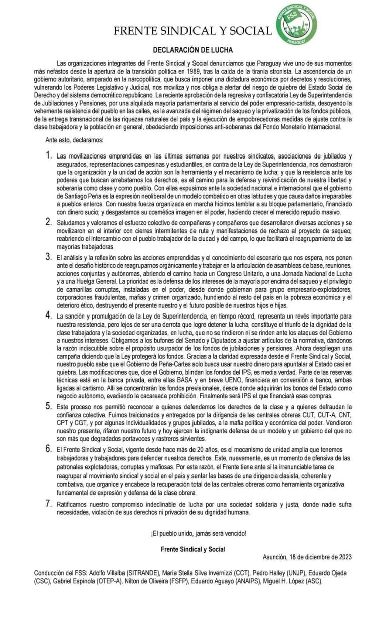 Declaración del Frente Sindical Social del Paraguay contra la Superintendencia de Jubilaciones y Pensiones. (fuente X).