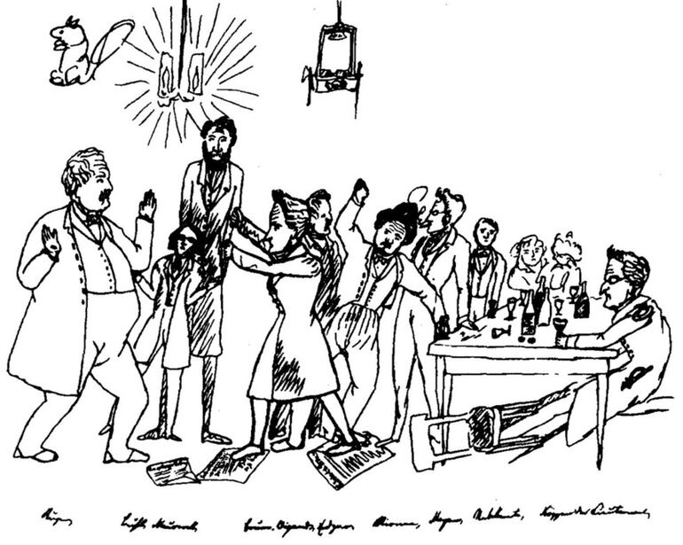 Los Libres en la taberna de Hickel. Boceto a tinta de Friedrich Engels, 1842.