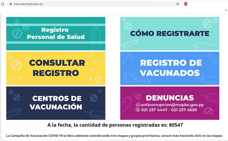 Pantalla de inicio de la plataforma "Vacunate COVID-19", habilitada por el Ministerio de Salud. Aún no está habilitado el agendamiento para personas de la tercera edad.