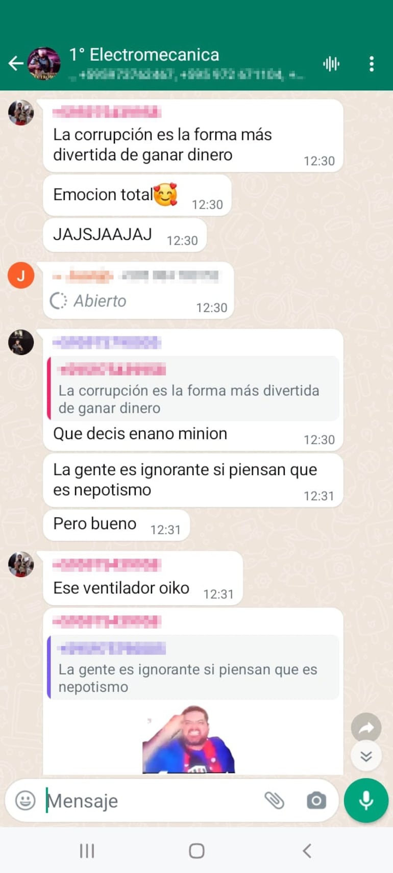 Captura de un grupo de WhatsApp de estudiantes donde aparece el polémico mensaje atribuido al hijo de la diputada Roya Torres.