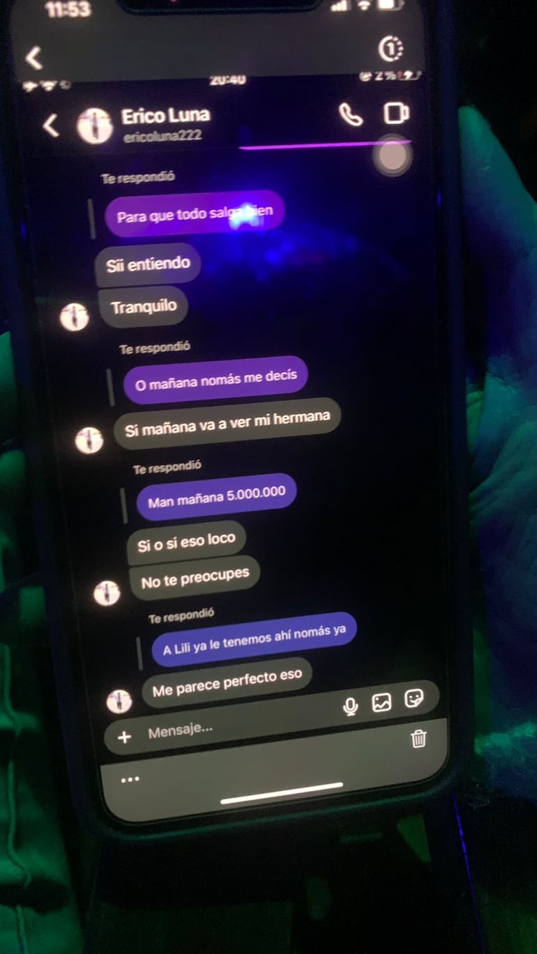 Chat de supuesta amenaza de Erico Luna a Liliana Mongelos.