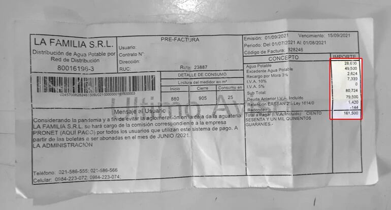 El costo mínimo no supera los G. 30.000, pero en las facturas figuran los "excesos" que ningún usuario puede corroborar que sea así.