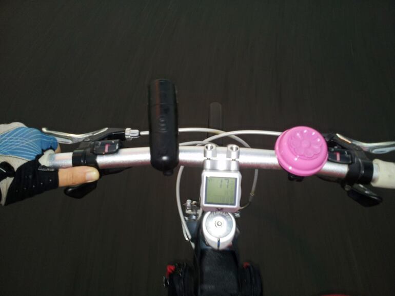 Una campanilla rosada, imita a una flor en el manubrio. A la vez de auxiliar al ciclista, le da un toque personal a la bicicleta.