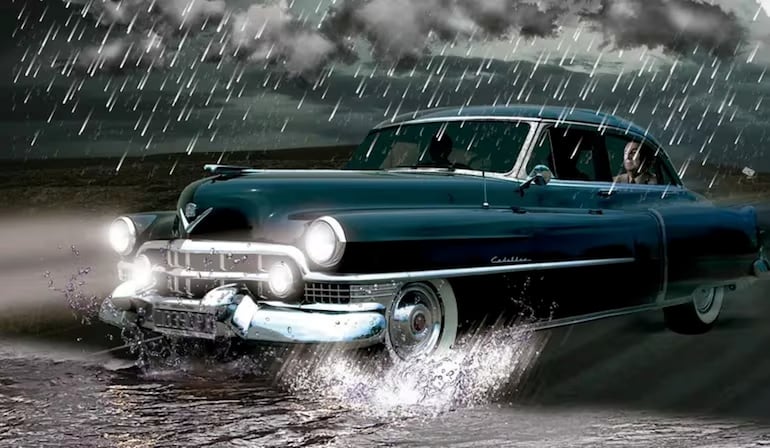 Perón en el Cadillac bajo la intensa lluvia el día que buscó refugio en la Embajada del Paraguay en Buenos Aires. Recreación de Samu (Diego Villalba)