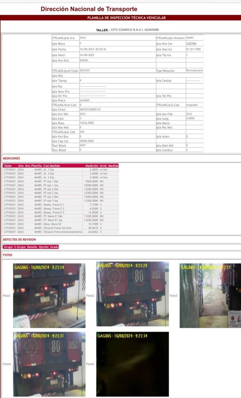 Registro de la inspección vehicular del camión siniestrado en Pedrozo que consta en la Dirección Nacional de Transporte (Dinatran).