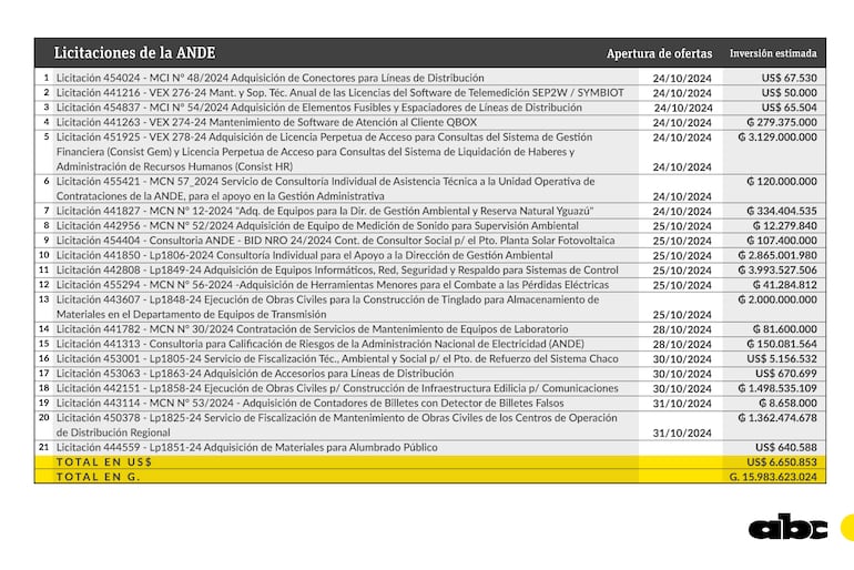 Licitaciones de la ANDE del 24 de octubre al 31 de octubre de 2024.