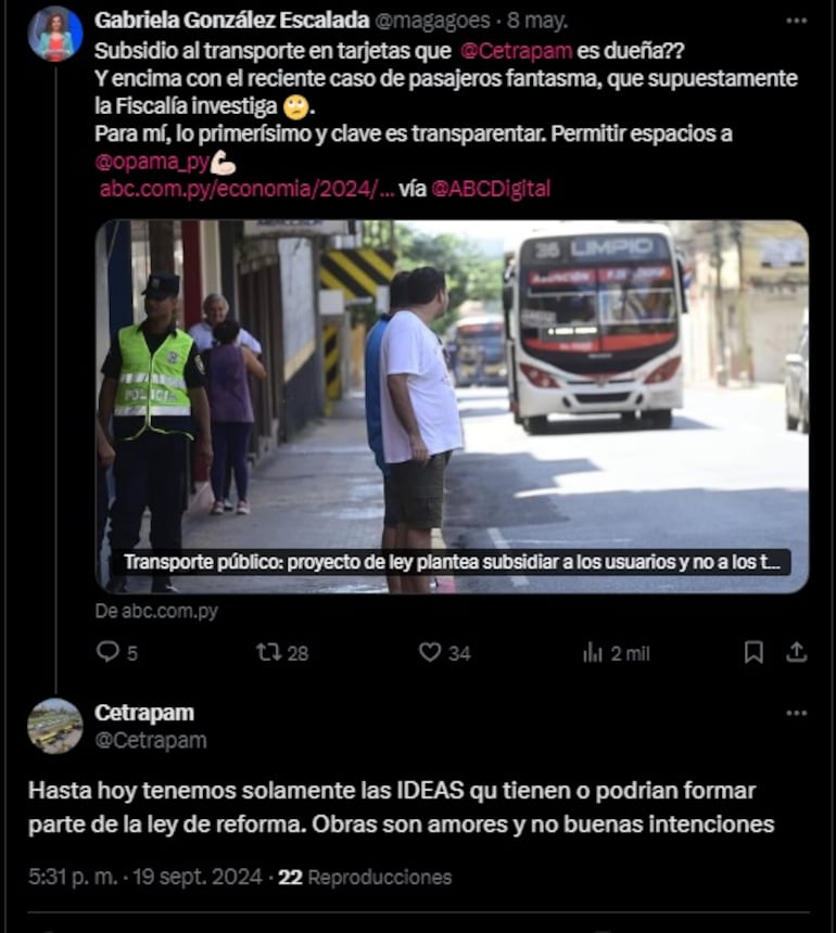 Captura de pantalla del mensaje de Cetrapam sobre el plan de reforma del transporte público. Se trata del gremio que aglutina a la mayoría de las concesionarias del transporte público del Área Metropolitana.