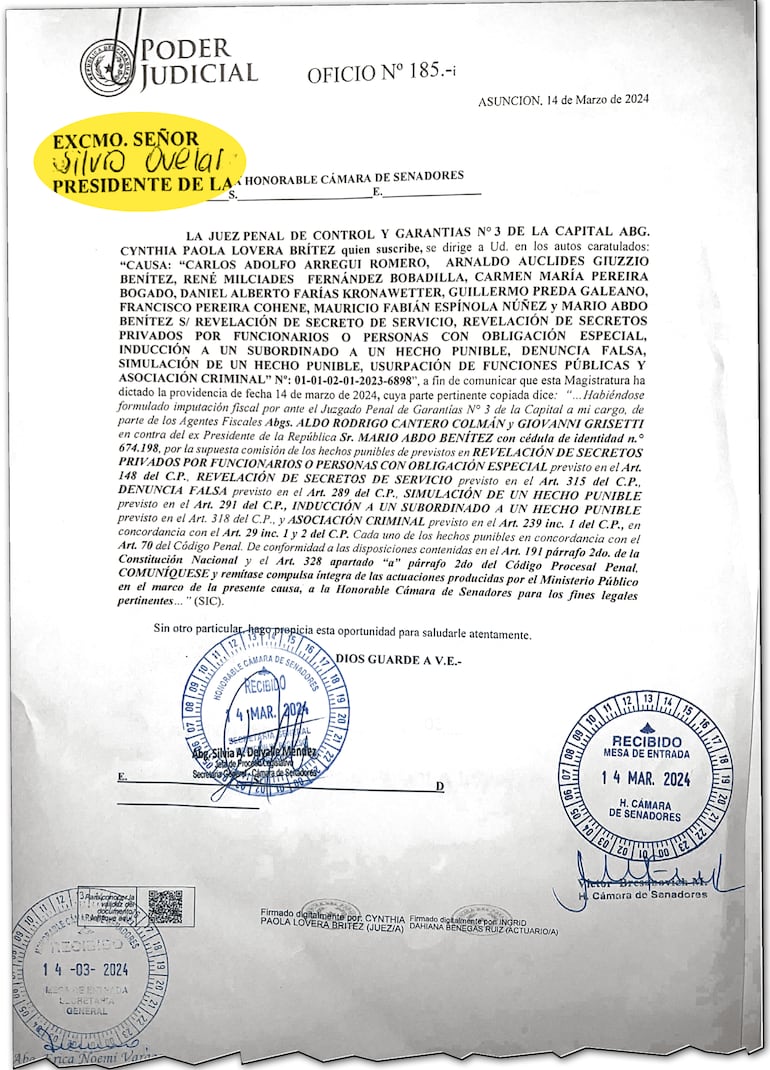 El oficio relacionado al pedido de desafuero de  Mario Abdo Benítez tuvo que ser corregido a mano.