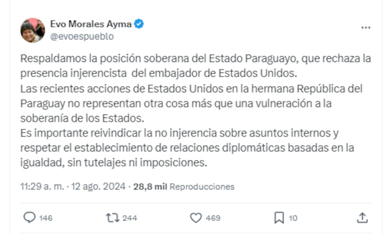 Evo Morales respaldó postura del Gobierno en cuanto a la embajada de Estados Unidos.