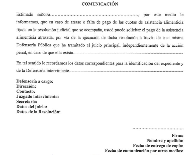 Nota de comunicación para procedimiento de prestación alimentaria.