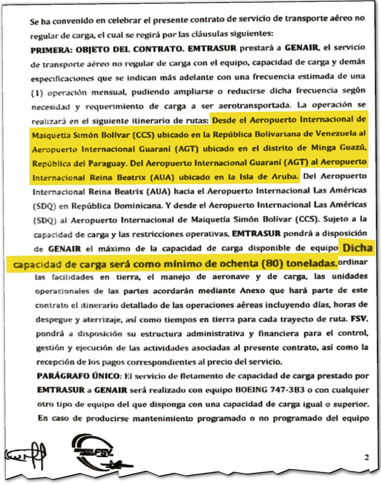 Contrato entre Genair y Emtrasur publicado por el abogado Pedro Ovelar.