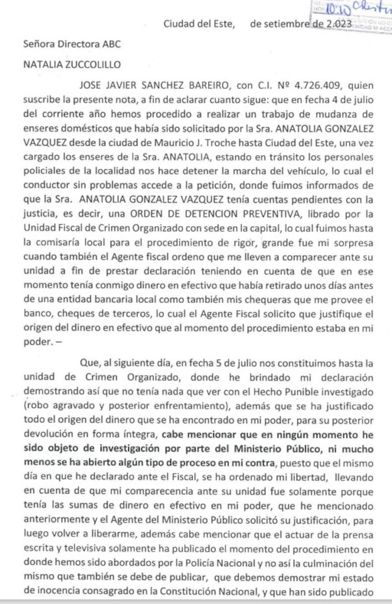 carta de Jose javier sanchez bareiro