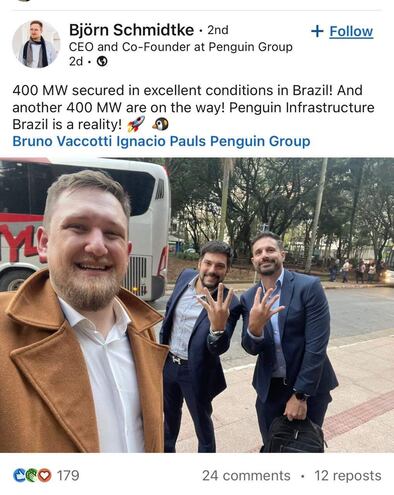 Publicación en redes sociales de uno de los directivos de Penguin, informando sobre la contratación de 400 MW en Brasil en excelentes condiciones y que hay otros 400 MW en camino.