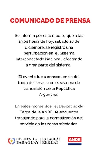 Comunicado de la ANDE sobre corte de luz a nivel nacional.