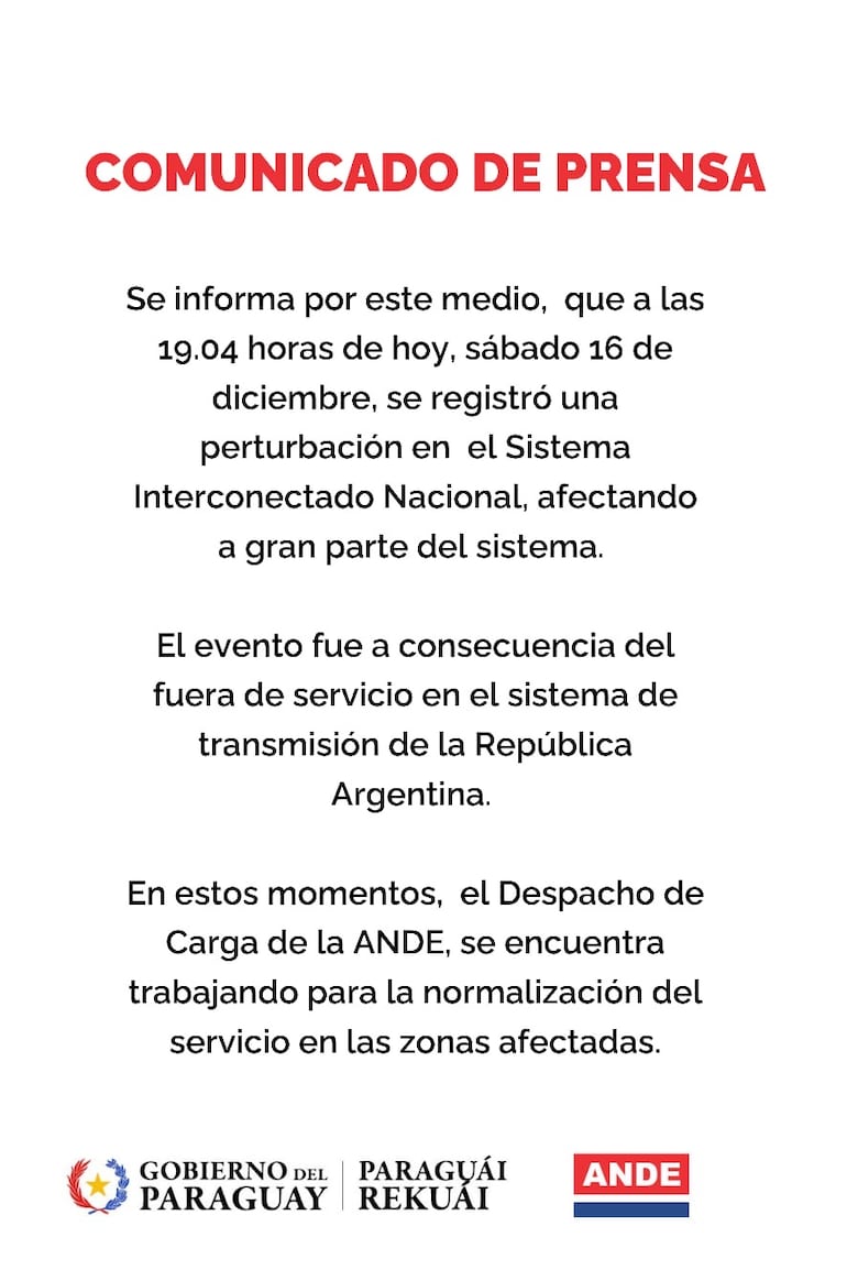 Comunicado de la ANDE sobre corte de luz a nivel nacional.