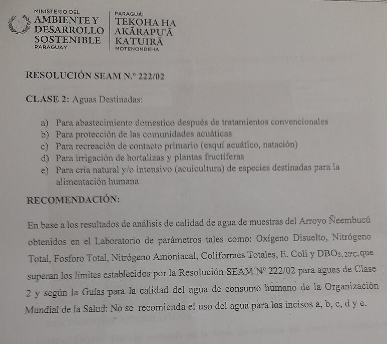 La recomendación del Mades, luego de encontrar contaminada el agua del arroyo Ñeembucú.