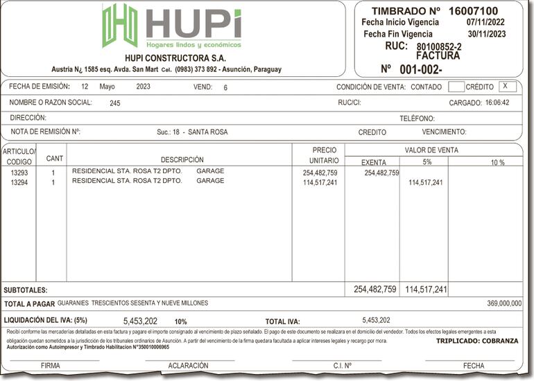 Factura emitida por Hupi por la venta AL CONTADO de una unidad en el complejo residencial Santa Rosa.