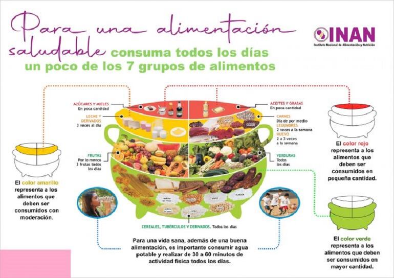 En el gráfico se observan algunos de los alimentos que deben estar en la mesa para mantener una vida saludable.