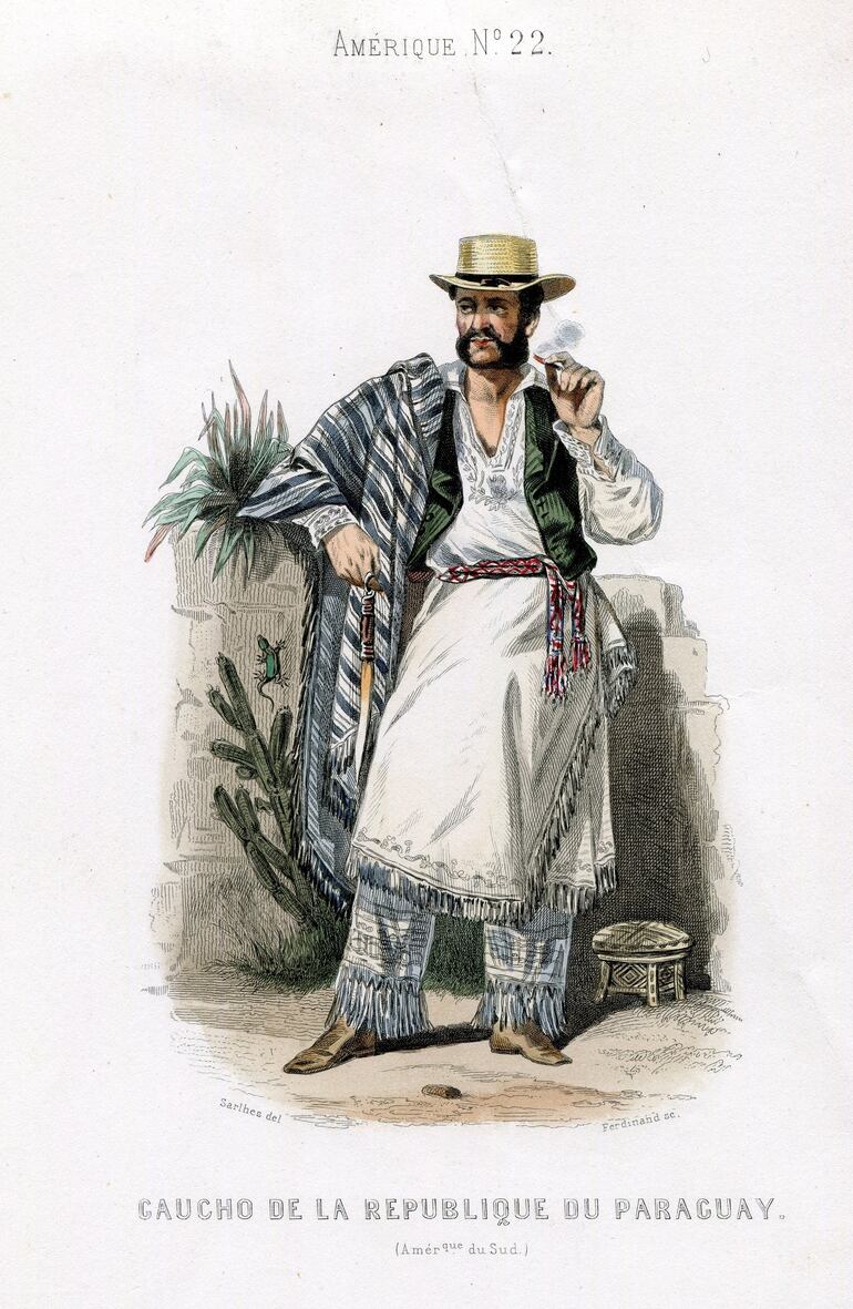 Gaucho paraguayo con poncho listado en una litografía francesa del siglo XIX. Musée des Costumes, Paris, Édition du Ancienne Maison Aubert, 1850.