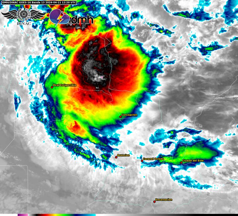 Imagen satelital difundida por la Dirección de Meteorología de las zonas afectadas.