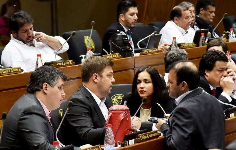 De izq. a der: los diputados colorados  Esteban Samaniego, Colym Soroka (Añetete), Jazmín Narváez (Añetete) y  Miguel del Puerto (cartista) conversan en la sala de sesiones.