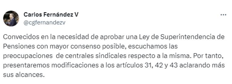 Publicación de la cuenta oficial del ministro de Economía, Carlos Fernández Valdovinos.