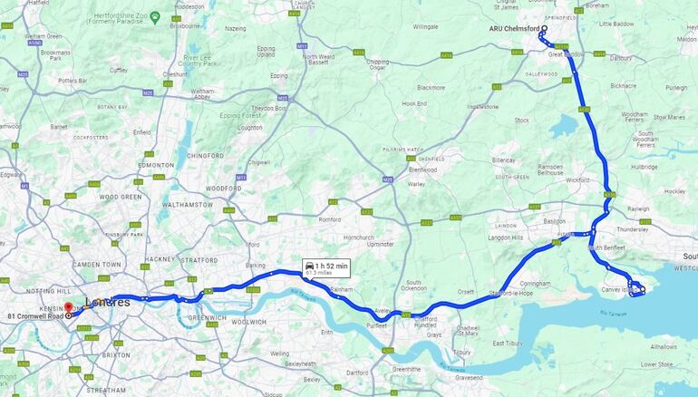 Mapa del recorrido de casi dos horas que dura el viaje entre la embajada paraguaya en Londres hasta la ciudad de Chelmsford, donde se encuentra la Universidad de Magida.