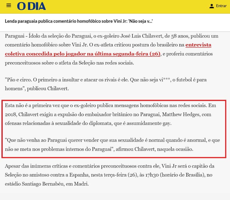 La mención al exembajador Matthew Hedges en el diario brasileño O Dia.