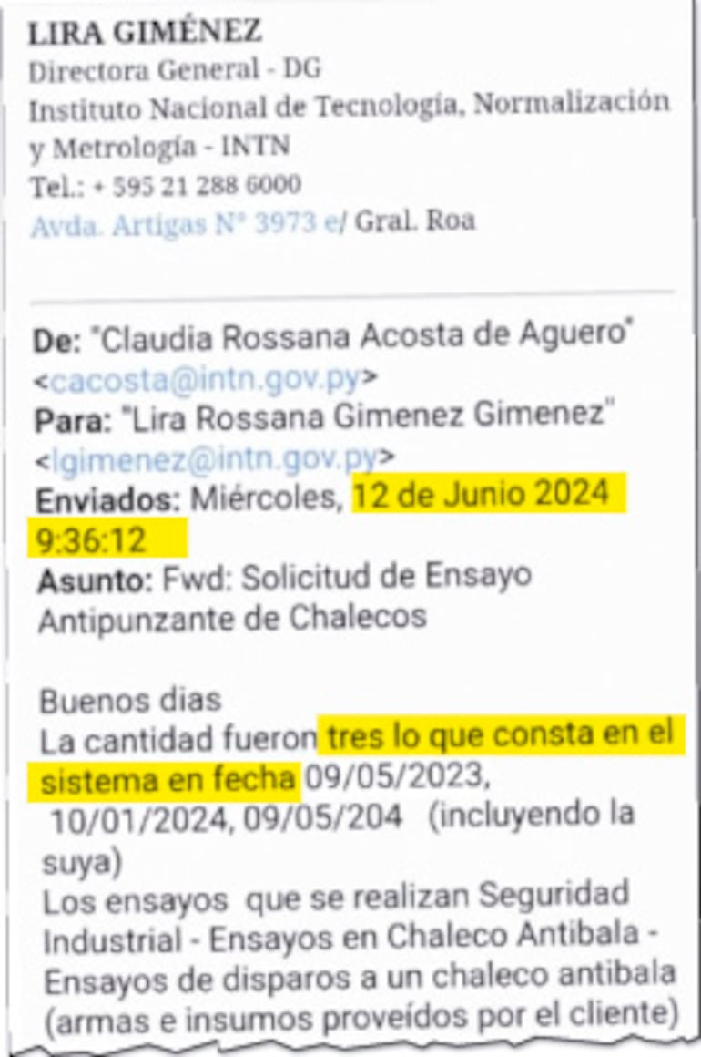 Captura del correo enviado por el INTN en respuesta a un pedido de acceso de información pública sobre las pruebas en chalecos antibalas.