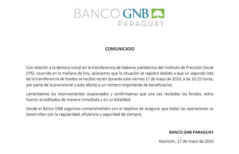 Comunicado del Banco GNB sobre el retraso en el pago de haberes del IPS.