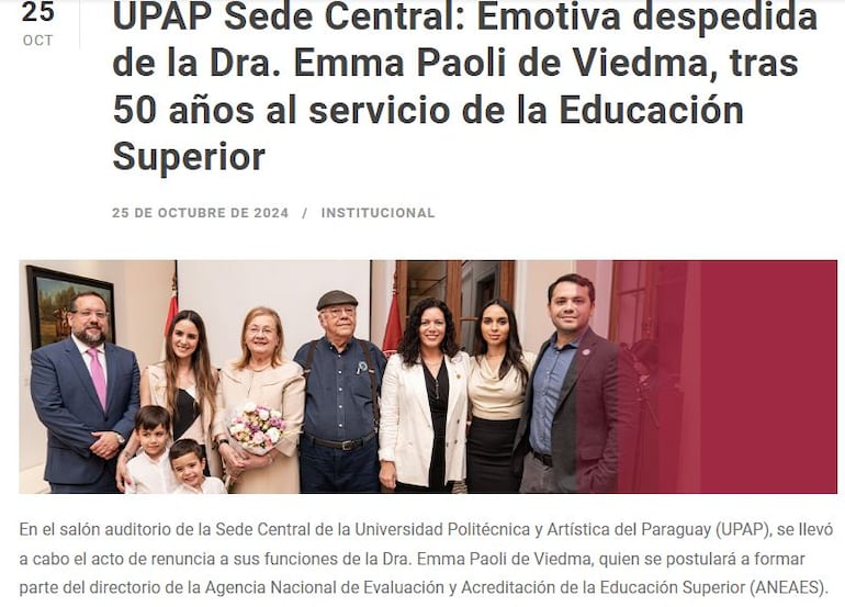 La UPAP anunció en su sitio web que la doctora Emma Paoli de Viedma (con el ramo, en el centro), se postulaba a formar parte del directorio de la Aneaes.