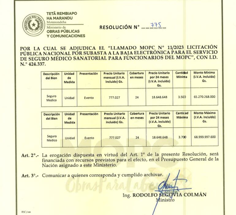 Resolución de adjudicación de seguro médico vip del MOPC.