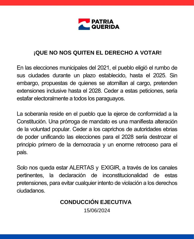 Comunicado de Patria Querida contra extensión de mandato de autoridades municipales.