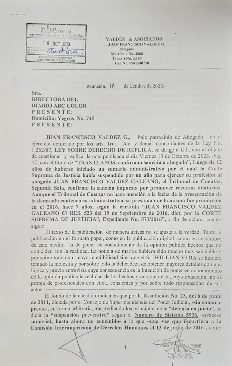 Carta de Juan Francisco Valdez a ABC