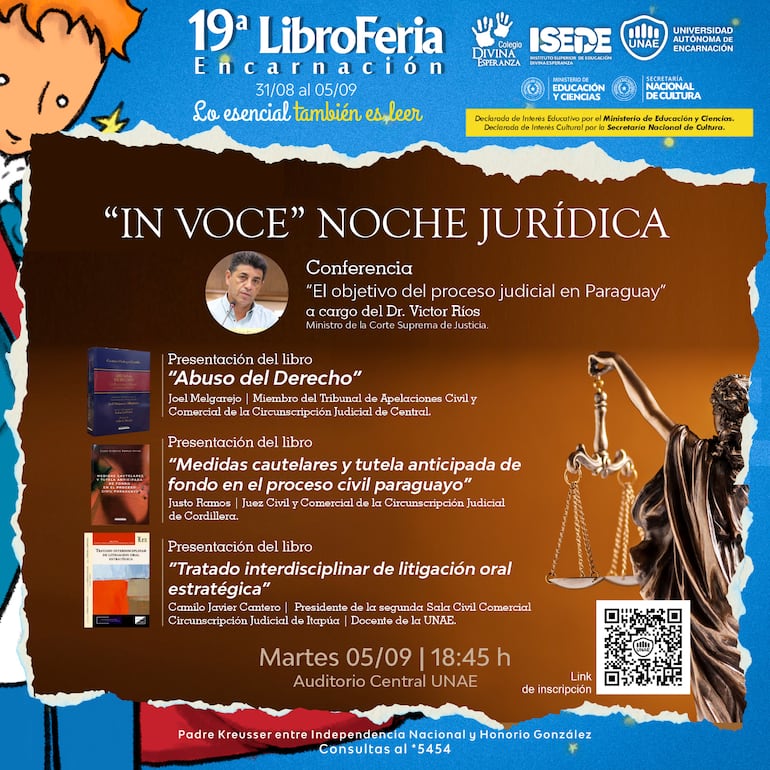 Una conferencia magistral y presentación de tres libros forman parte de la "Noche Jurídica" que se desarrollará hoy en la Libroferia Encarnación.