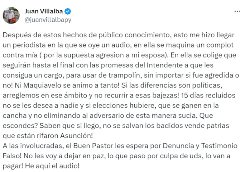 Publicación de la cuenta de X de Juan Villalba,